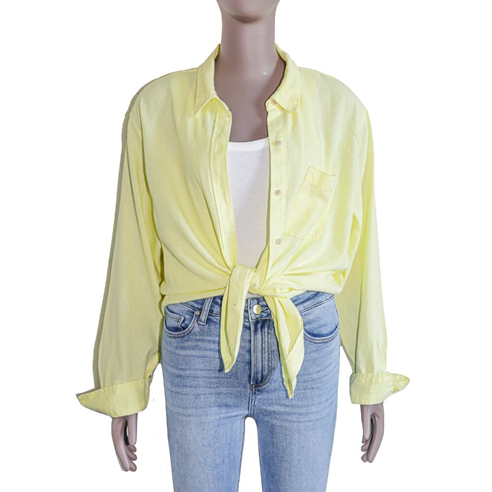 Yellow Linen Button Down Shirt‎ Lightweight Top Relaxed Fit Casual Summer Blouse